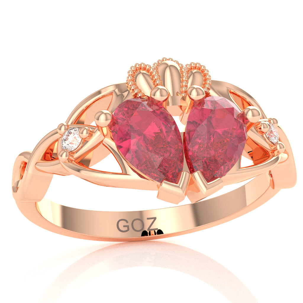 Pink Tourmaline Diamond Celtic Knot Heart Claddagh Ring In 10k Rose Gold