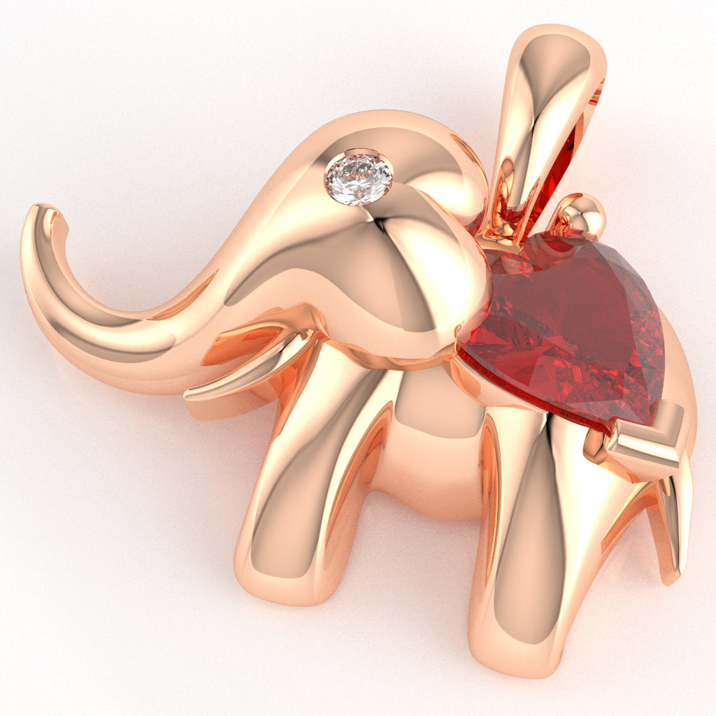 Ruby Diamond Elephant Heart Birthstone Pendant In 14k Rose Gold
