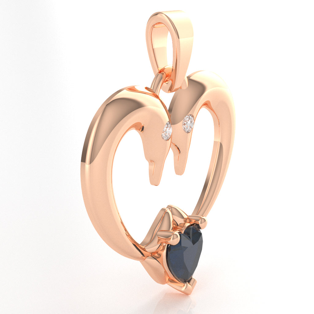 Lab-Created Sapphire Diamond 2 Dolphins Heart Love Pendant In 14k Rose Gold