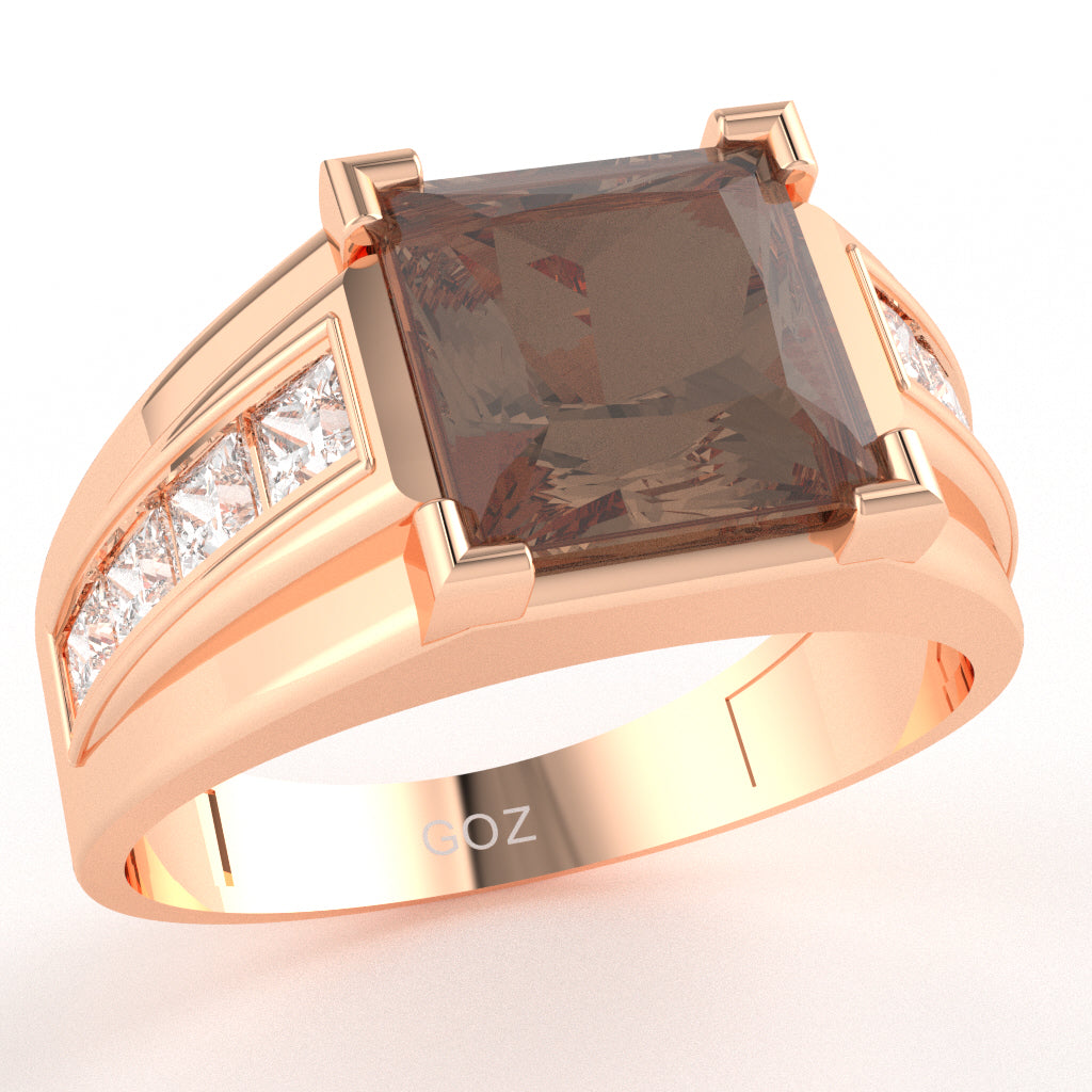 Men's Big Daddy Smoky Quartz Lab-Grown Diamond Channel Ring In Solid 14k Rose Gold