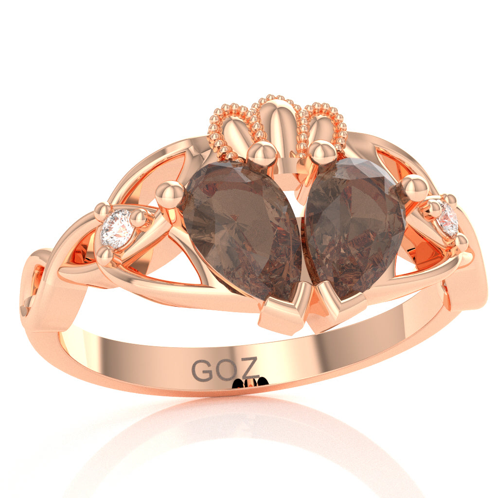 Smoky Quartz Diamond Celtic Knot Heart Claddagh Ring In 14k Rose Gold