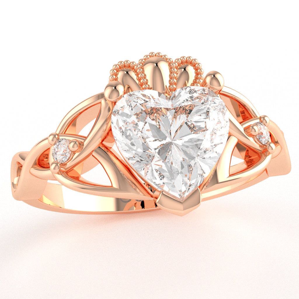 Celtic Trinity Knot Claddagh Heart White Topaz Diamond Ring In 10k Rose Gold
