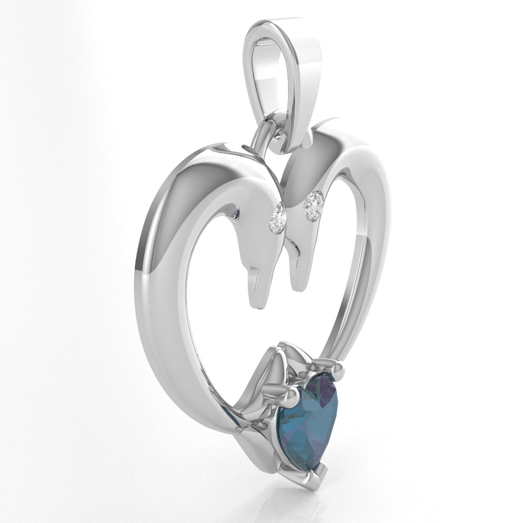 Lab-Created Alexandrite Diamond 2 Dolphins Heart Love Pendant In 10k White Gold