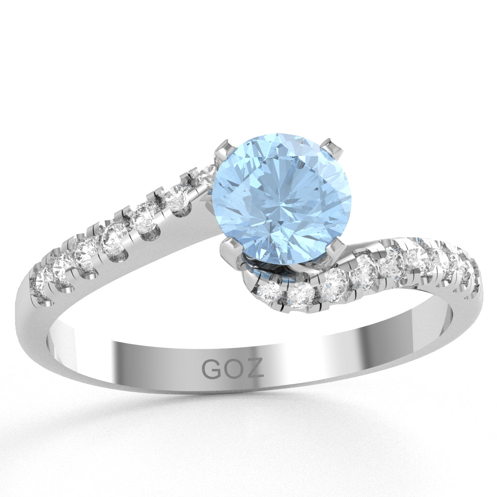 Aquamarine Diamond Curly Dainty Engagement Ring In 14k White Gold