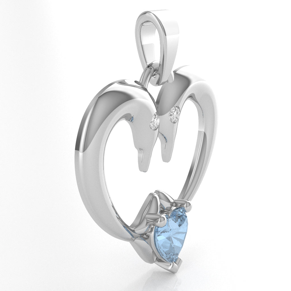 Aquamarine Diamond 2 Dolphins Heart Love Pendant In 10k White Gold
