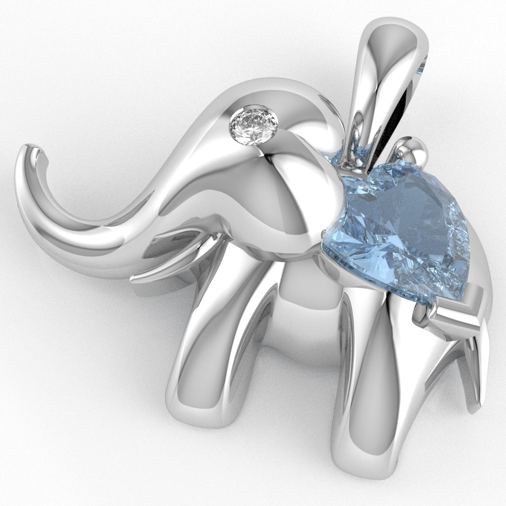 Aquamarine Diamond Elephant Heart Birthstone Pendant In 10k White Gold