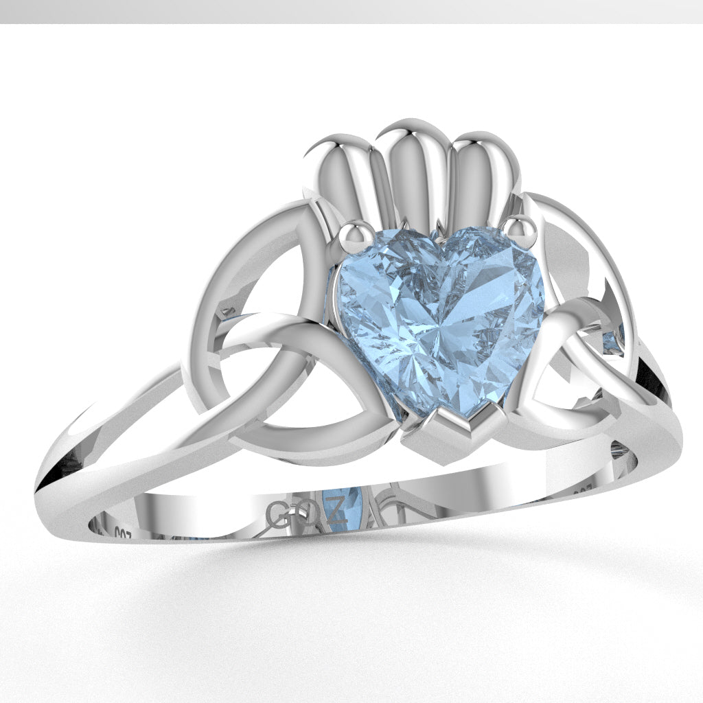 Celtic Trinity Knot Claddagh Aquamarine Engagement Ring In 14k White Gold