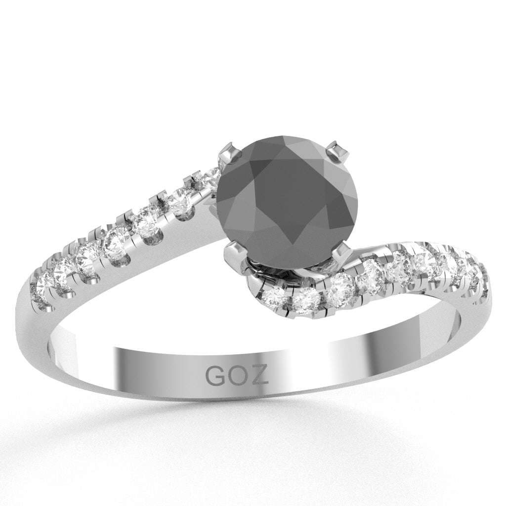Black Onyx Diamond Curly Dainty Engagement Ring In 14k White Gold