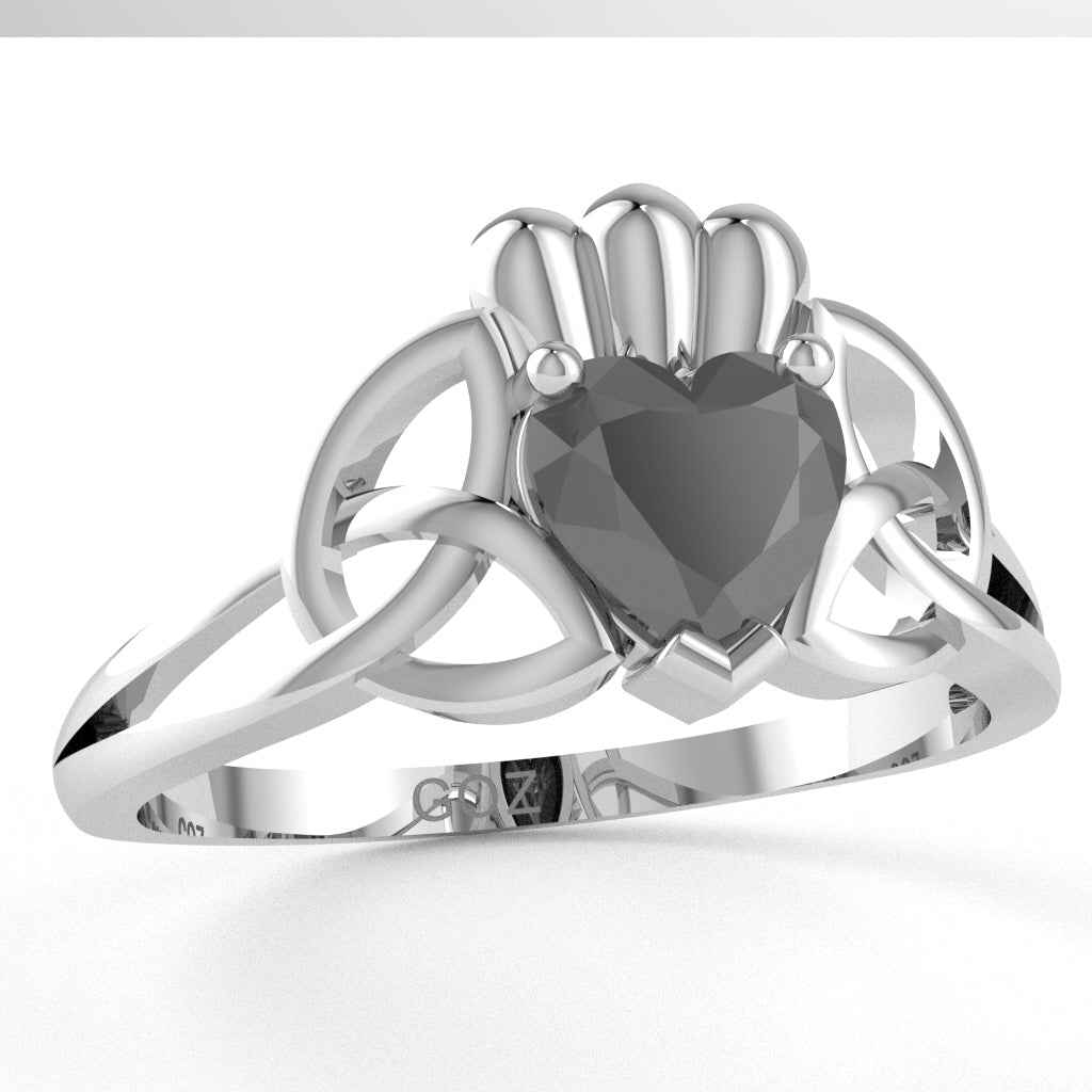 Celtic Trinity Knot Claddagh Black Onyx Engagement Ring In 10k White Gold