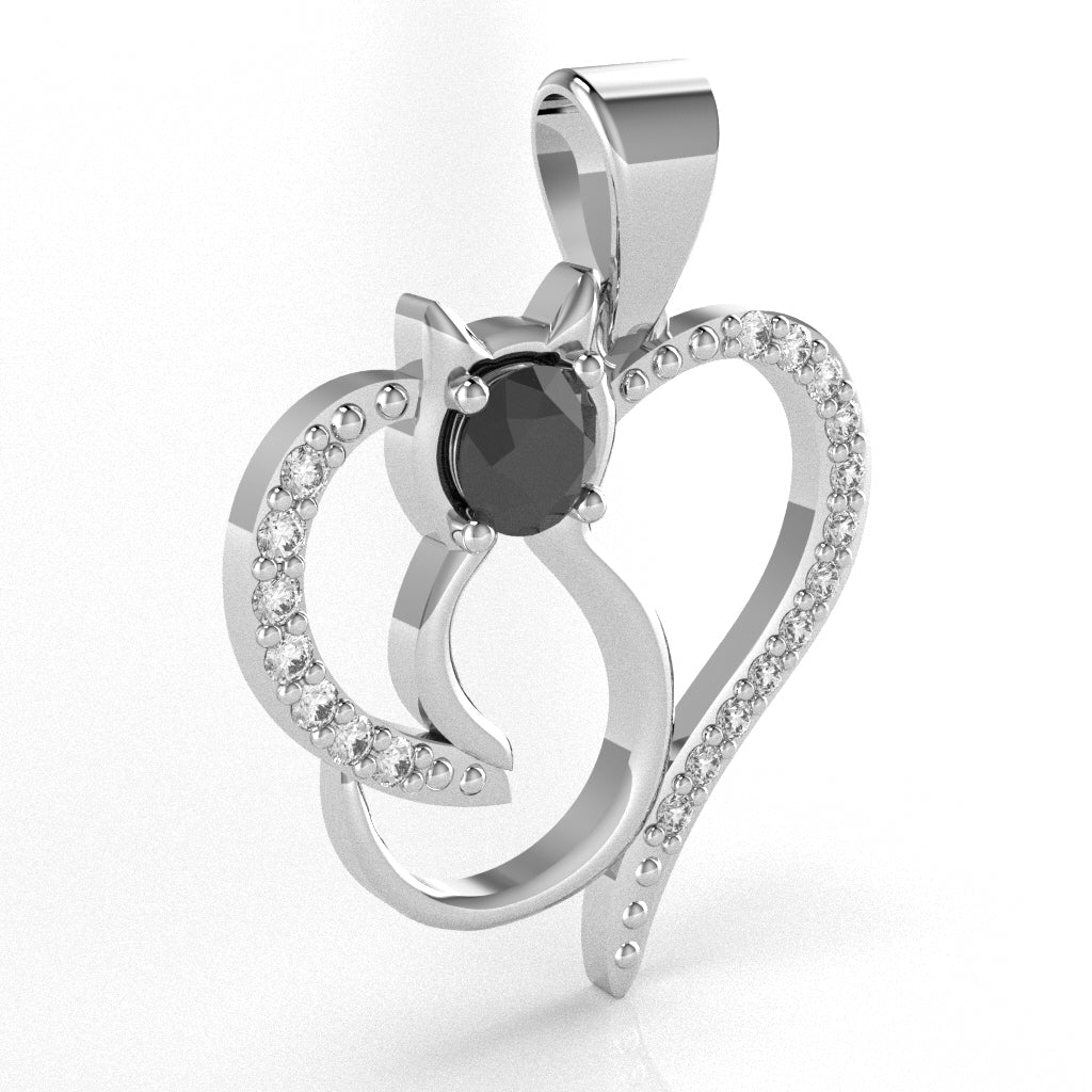 Black Onyx Diamond Cat Love Heart Pendant In 10k White Gold
