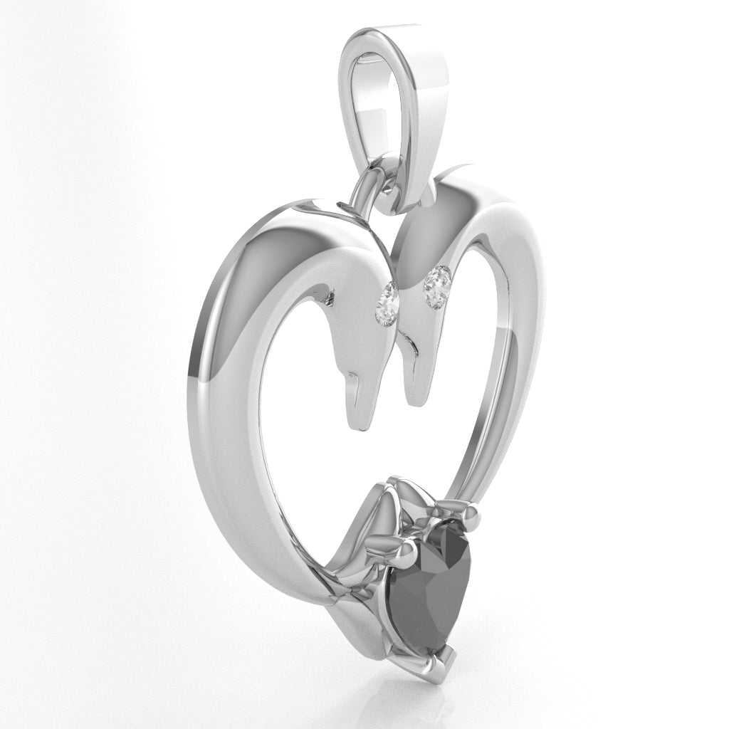 Black Onyx Diamond 2 Dolphins Heart Love Pendant In 10k White Gold