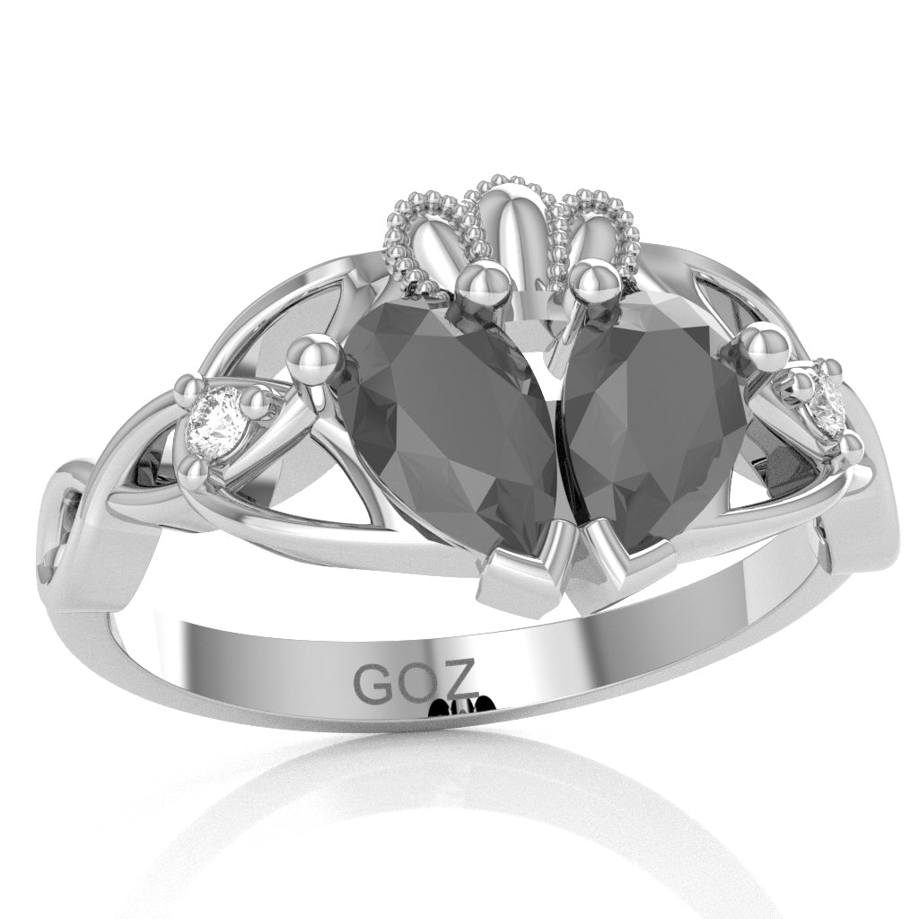 Black Onyx Diamond Celtic Knot Heart Claddagh Ring In 14k White Gold