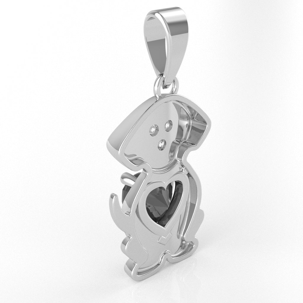 Black Onyx Diamond Puppy Love Heart Pendant In 10k White Gold