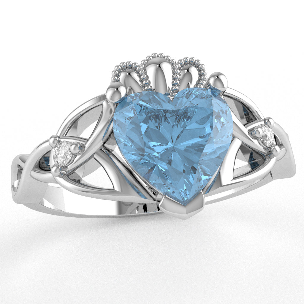 Celtic Trinity Knot Claddagh Heart Blue Topaz Diamond Ring In 10k White Gold