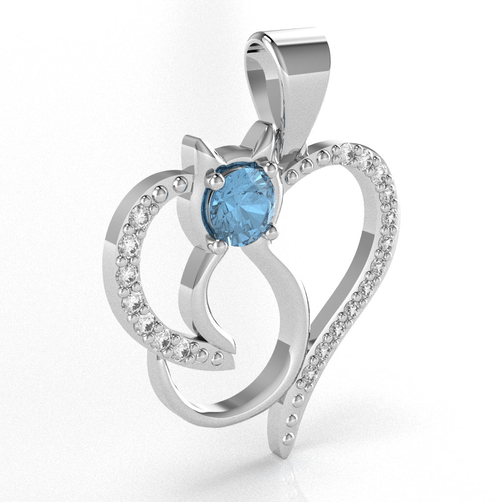 Blue Topaz Diamond Cat Love Heart Pendant In 10k White Gold