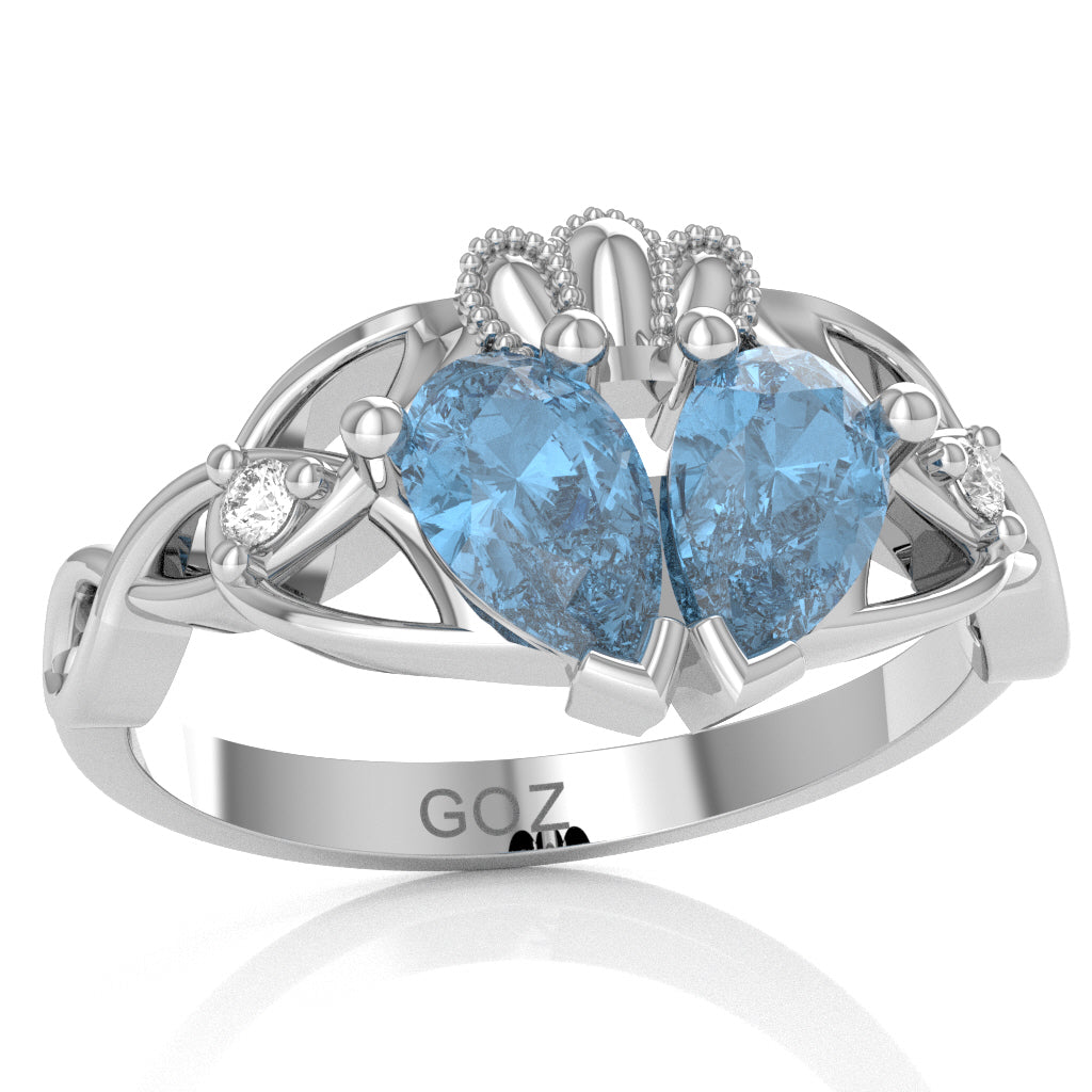 Blue Topaz Diamond Celtic Knot Heart Claddagh Ring In 10k White Gold