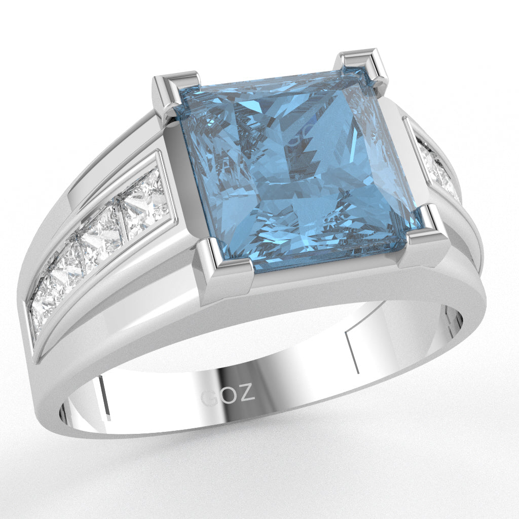 Men's Big Daddy Blue Topaz Lab-Grown Diamond Channel Ring In Solid 14k White Gold