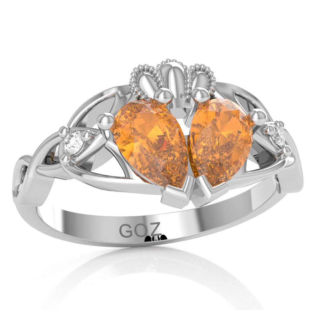 Citrine Diamond Celtic Knot Heart Claddagh Ring In 10k White Gold