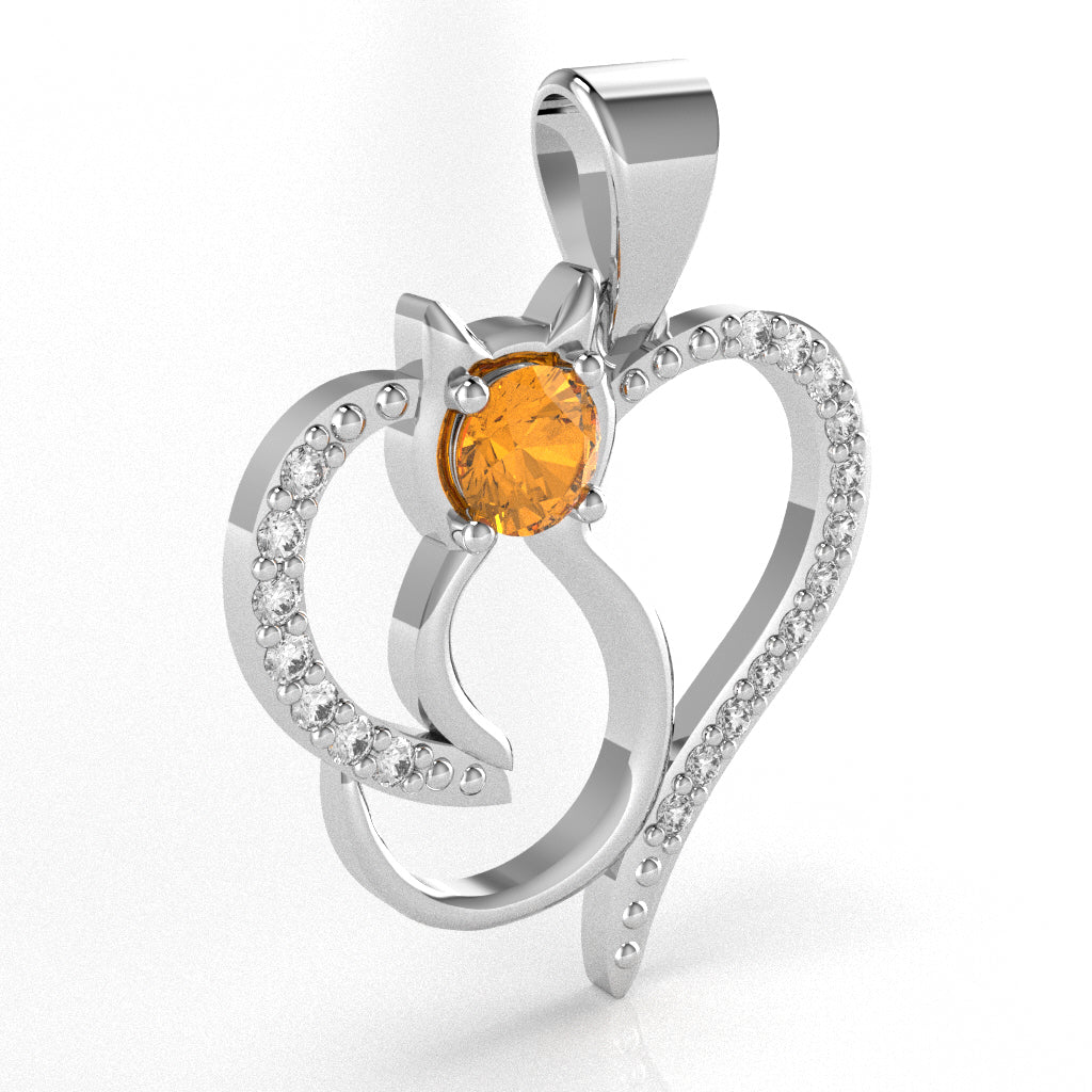 Citrine Diamond Cat Love Heart Pendant In 14k White Gold