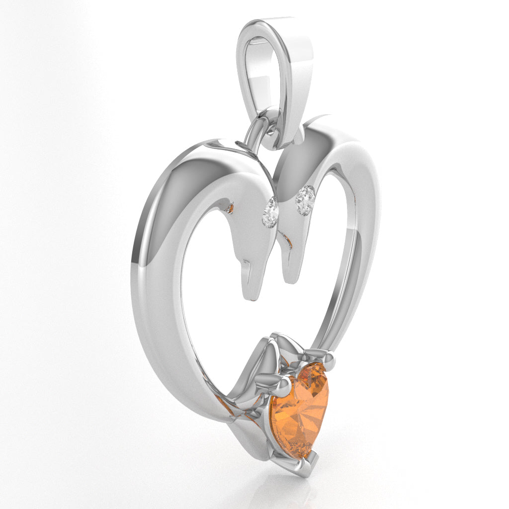Citrine Diamond 2 Dolphins Heart Love Pendant In 10k White Gold