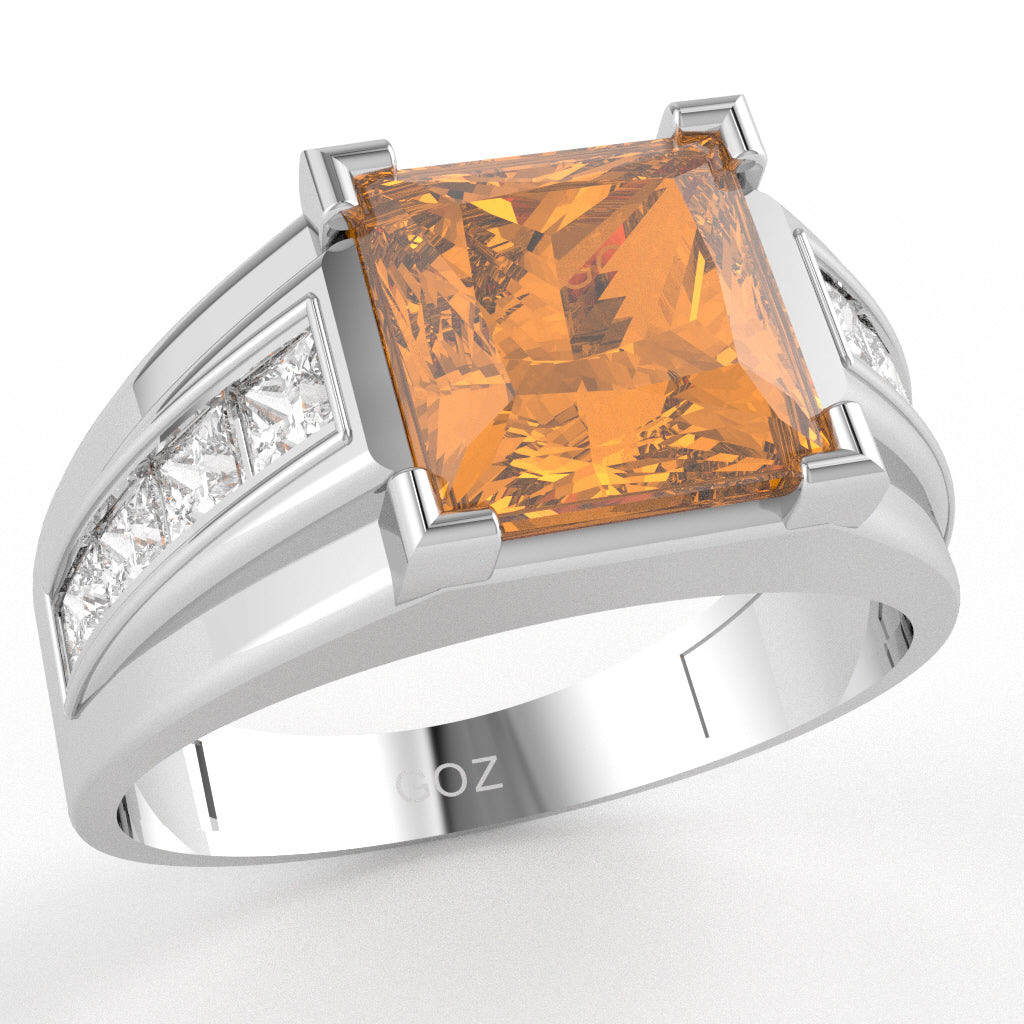 Men's Big Daddy Citrine Lab-Grown Diamond Channel Ring In Solid 14k White Gold