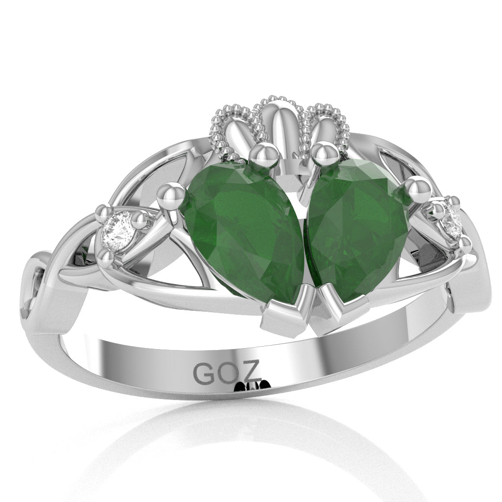 Emerald Diamond Celtic Knot Heart Claddagh Ring In 10k White Gold