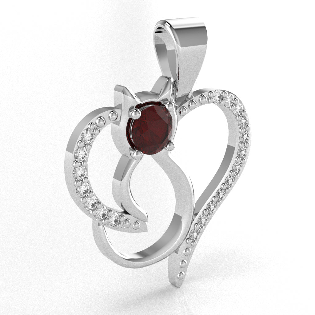 Garnet Diamond Cat Love Heart Pendant In 10k White Gold