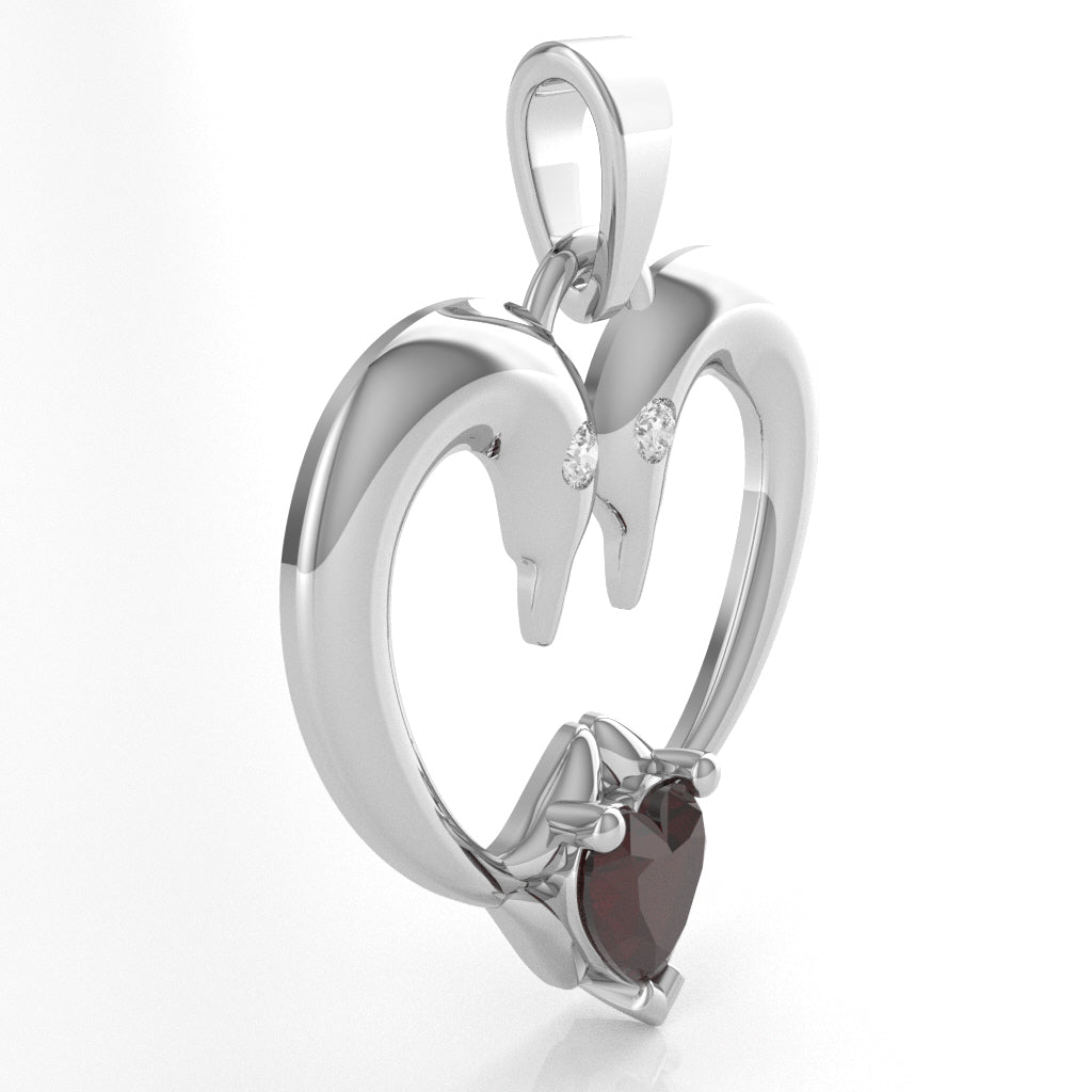 Garnet Diamond 2 Dolphins Heart Love Pendant In 14k White Gold
