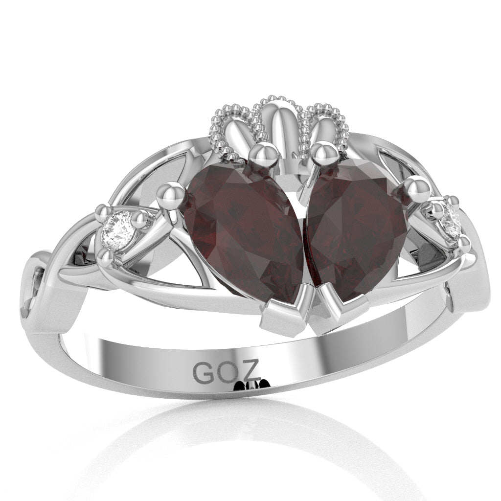 Garnet Diamond Celtic Knot Heart Claddagh Ring In 10k White Gold