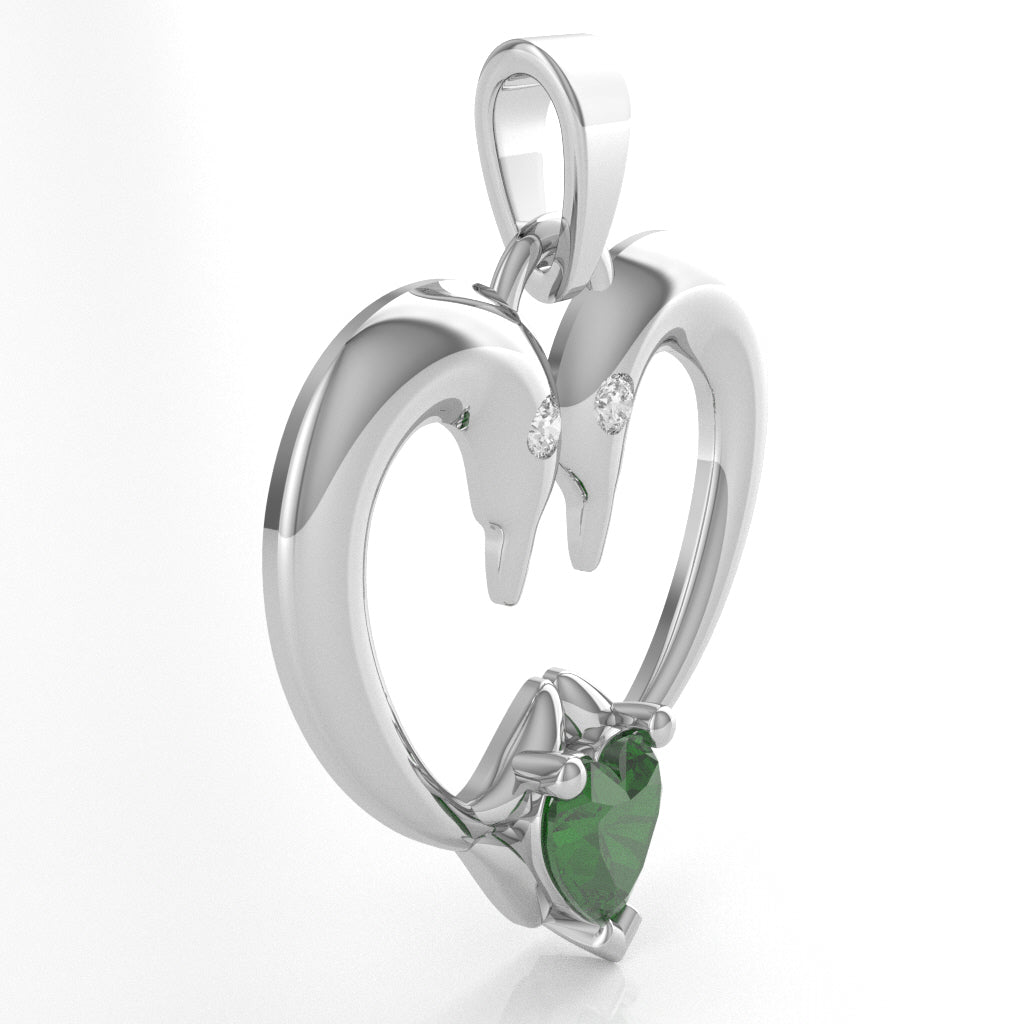 Lab-Created Emerald Diamond 2 Dolphins Heart Love Pendant In 10k White Gold
