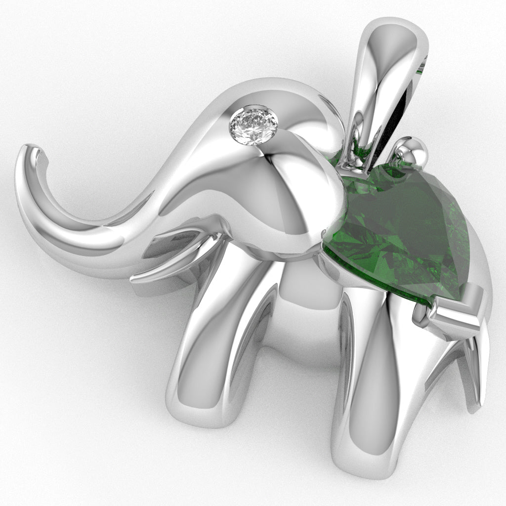 Lab-Created Emerald Diamond Elephant Heart Birthstone Pendant In 10k White Gold