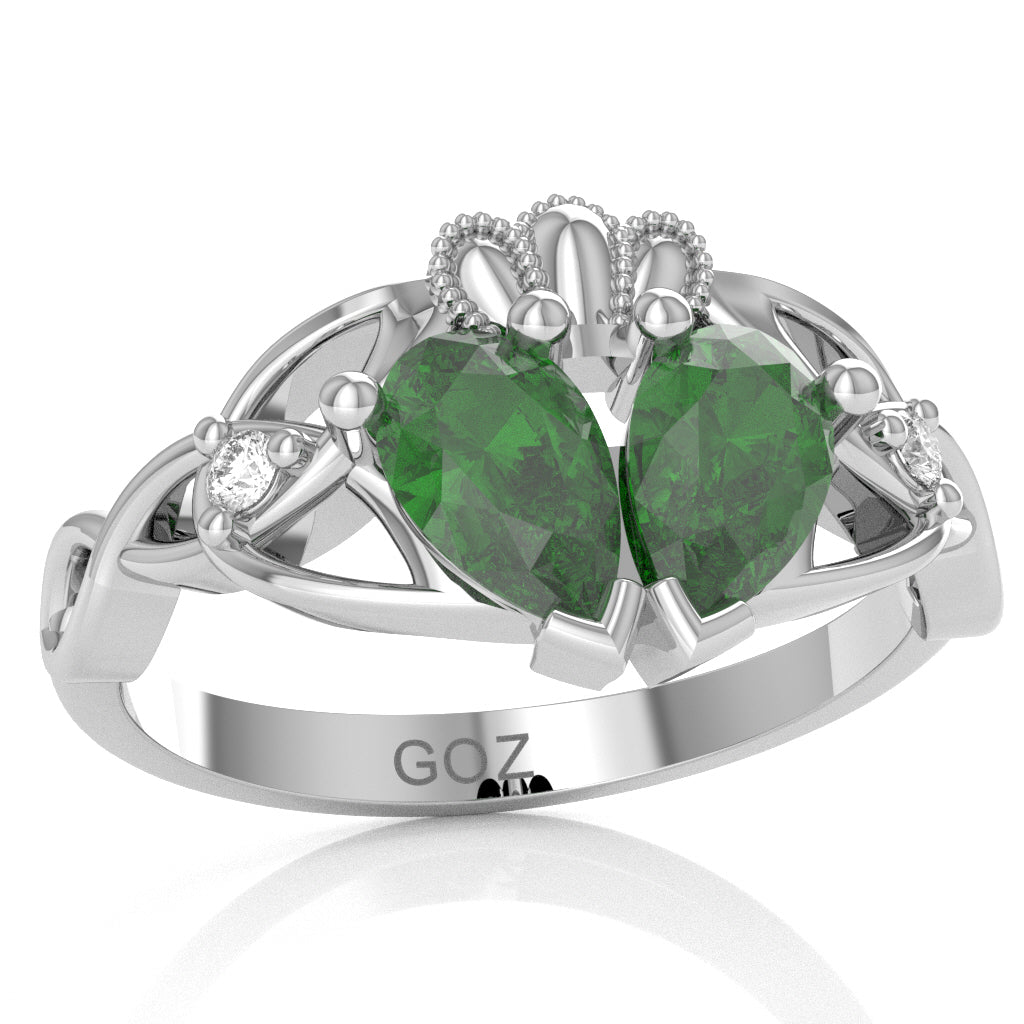 Lab-Created Emerald Diamond Celtic Knot Heart Claddagh Ring In 14k White Gold