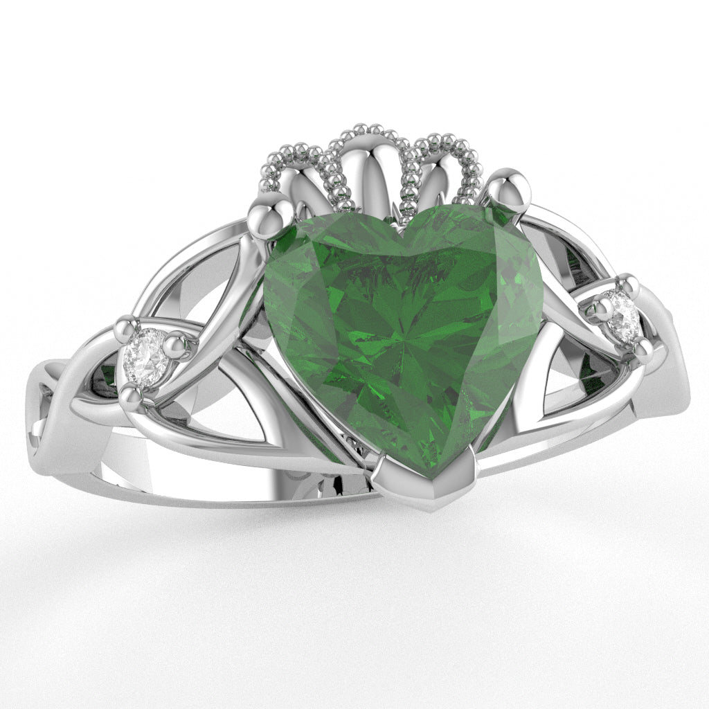 Celtic Trinity Knot Claddagh Heart Lab-Created Emerald Diamond Ring In 10k White Gold