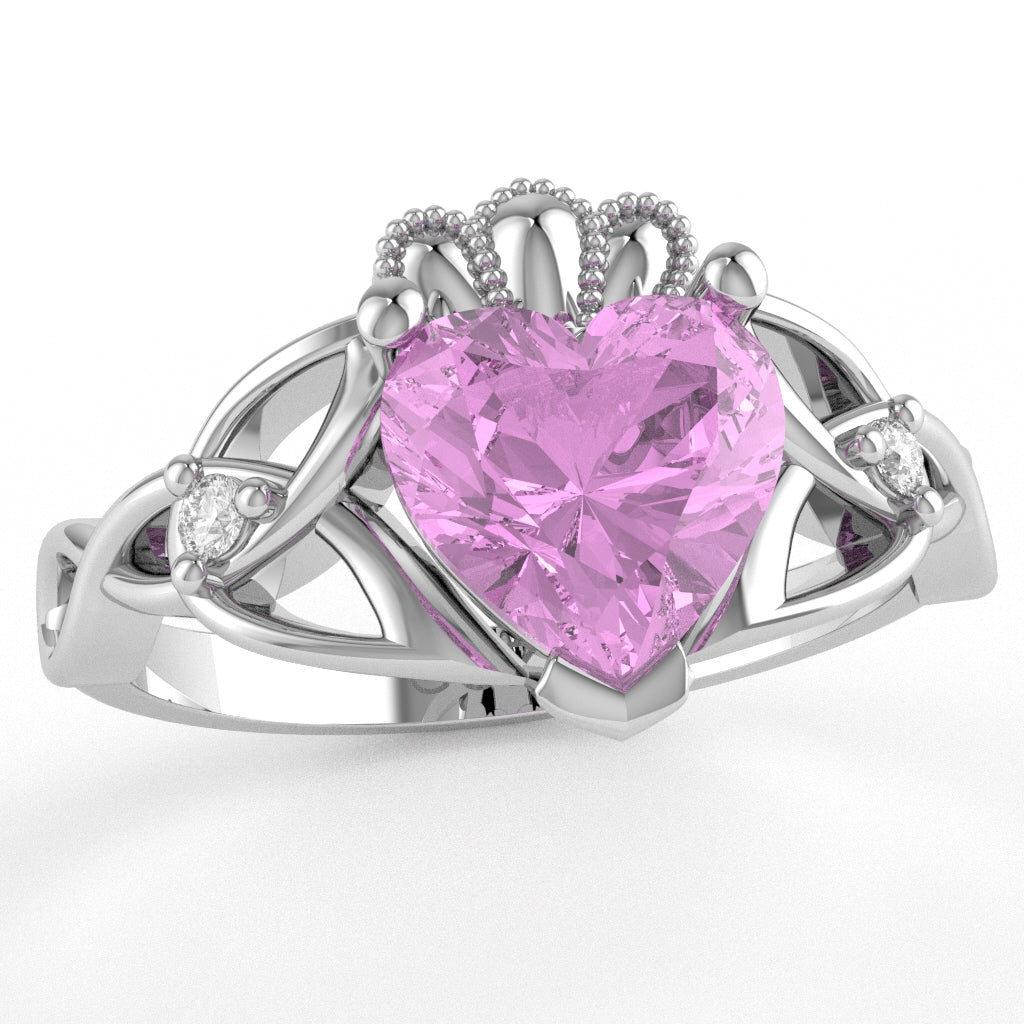 Celtic Trinity Knot Claddagh Heart Lab-Created Pink Sapphire Diamond Ring In 10k White Gold