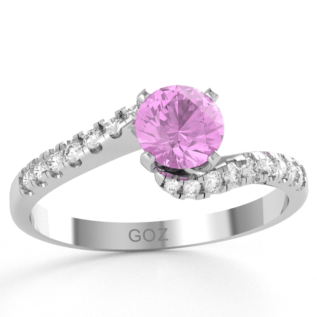 Lab-Created Pink Sapphire Diamond Curly Dainty Engagement Ring In 14k White Gold