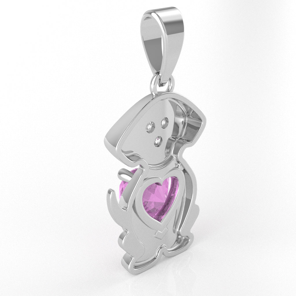 Lab-Created Pink Sapphire Diamond Puppy Love Heart Pendant In 14k White Gold