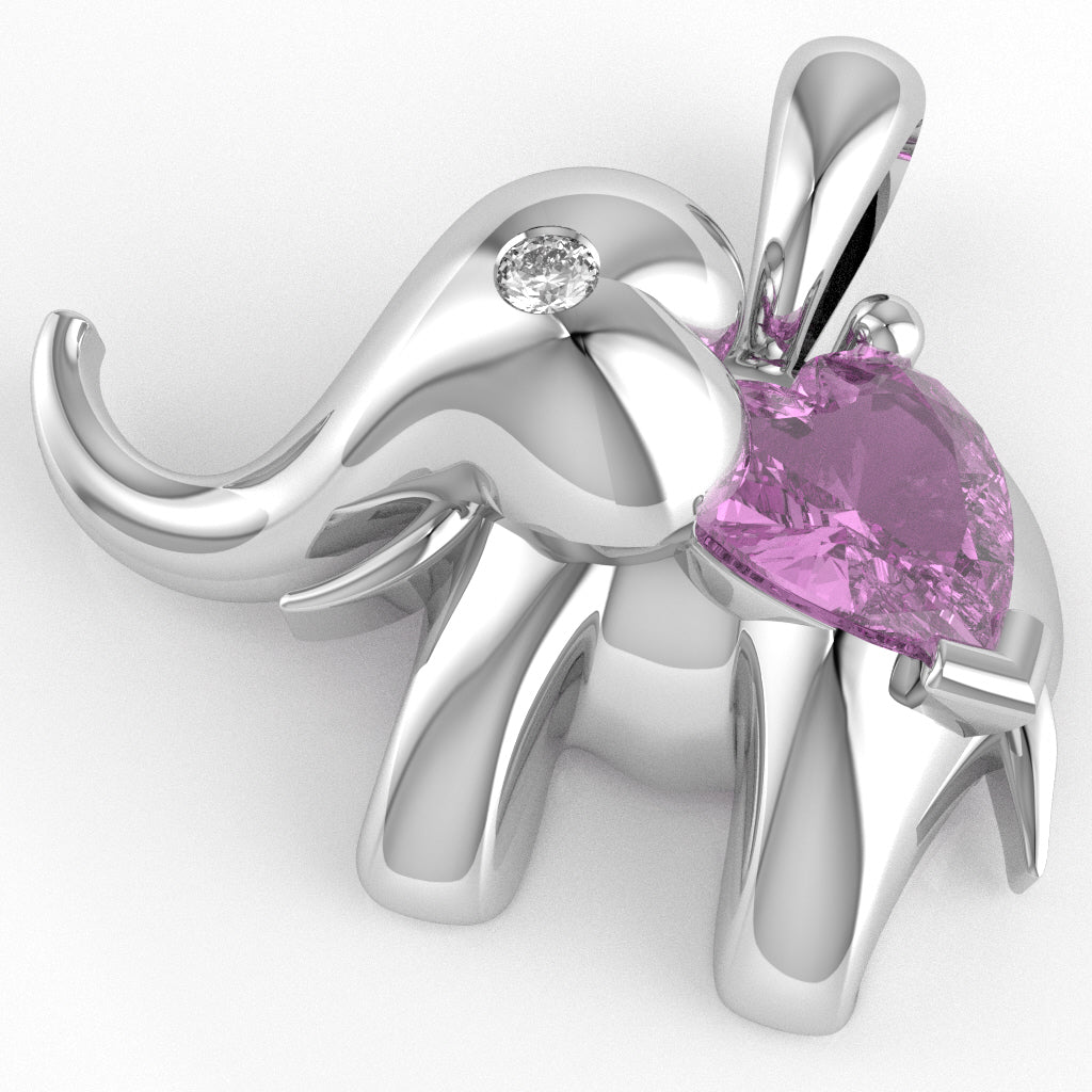 Lab-Created Pink Sapphire Diamond Elephant Heart Birthstone Pendant In 14k White Gold