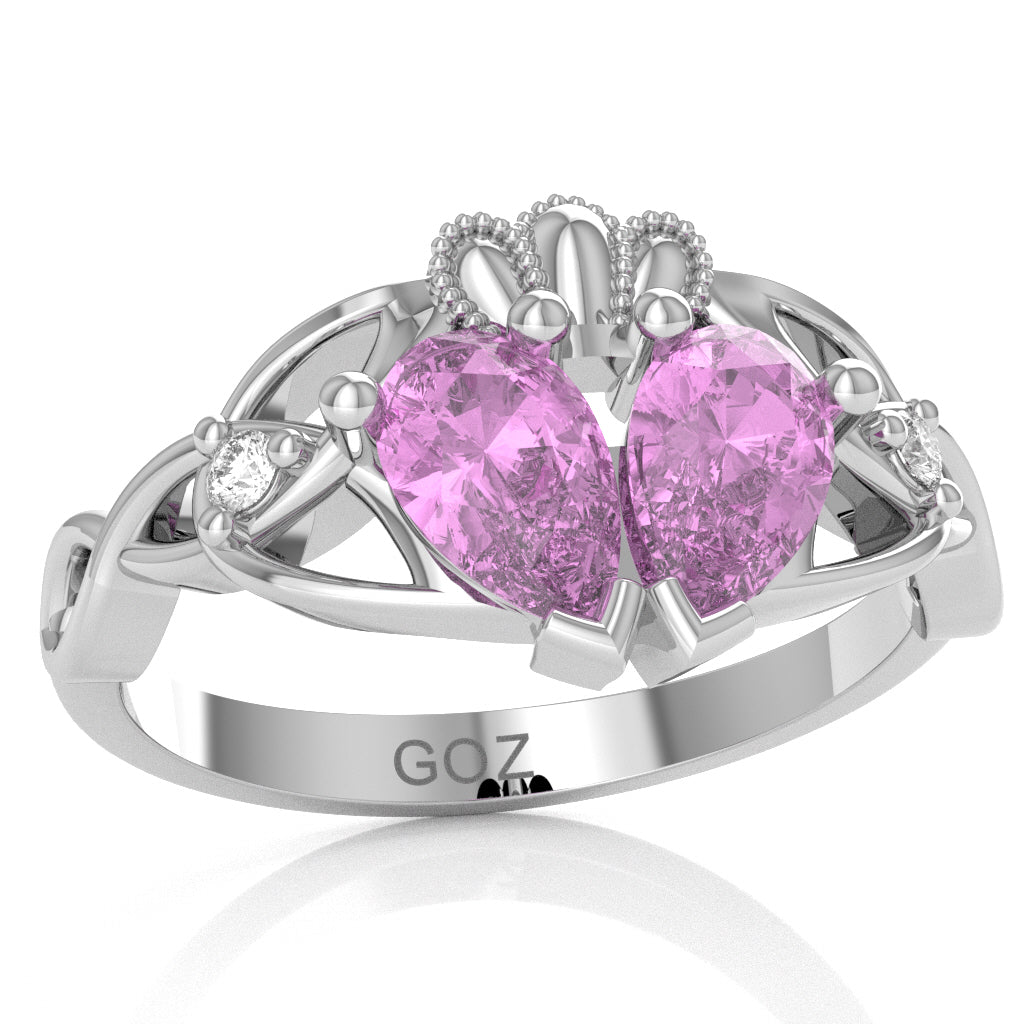 Lab-Created Pink Sapphire Diamond Celtic Knot Heart Claddagh Ring In 14k White Gold