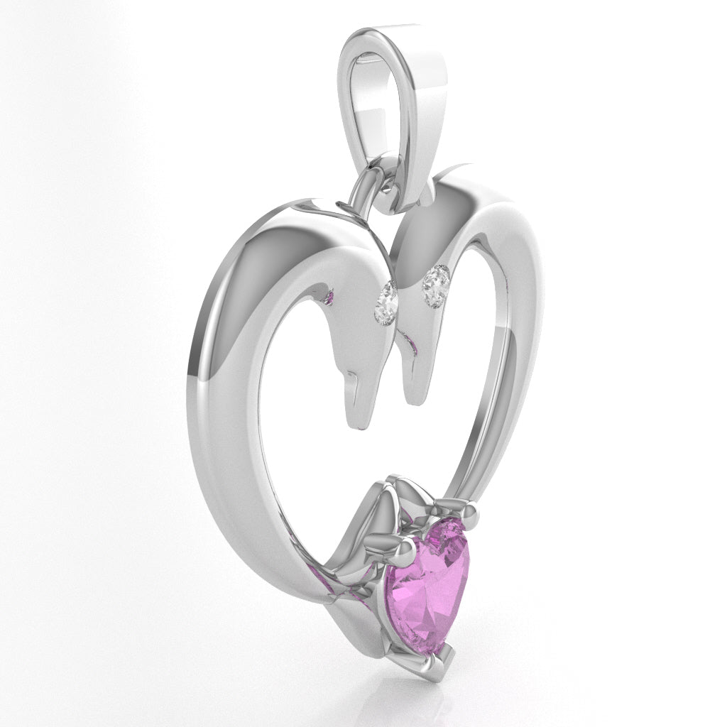 Lab-Created Pink Sapphire Diamond 2 Dolphins Heart Love Pendant In 10k White Gold