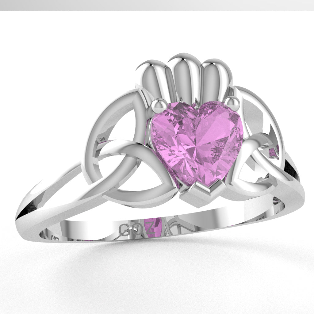 Celtic Trinity Knot Claddagh Lab-Created Pink Sapphire Engagement Ring In 14k White Gold