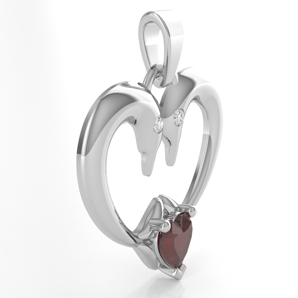 Lab-Created Ruby Diamond 2 Dolphins Heart Love Pendant In 10k White Gold