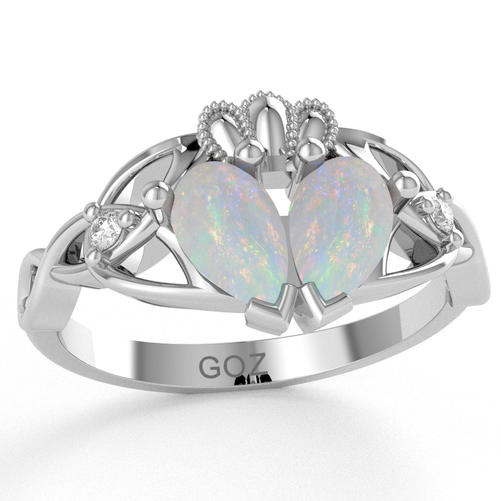 Opal Diamond Celtic Knot Heart Claddagh Ring In 10k White Gold