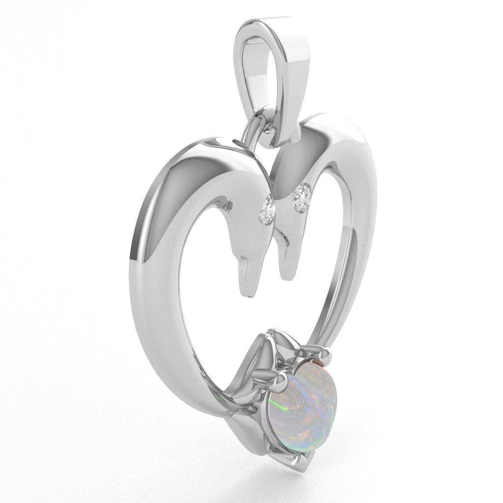 Opal Diamond 2 Dolphins Heart Love Pendant In 10k White Gold