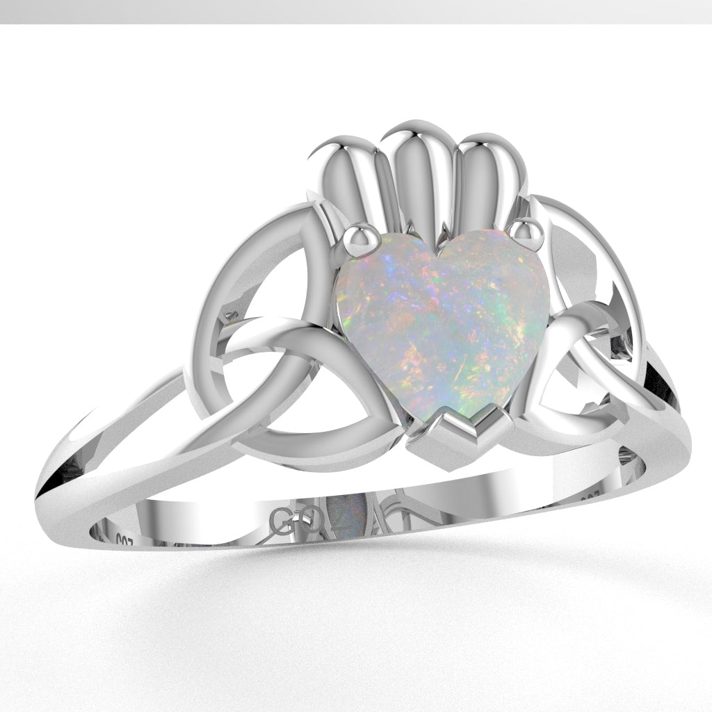Celtic Trinity Knot Claddagh Opal Engagement Ring In 14k White Gold