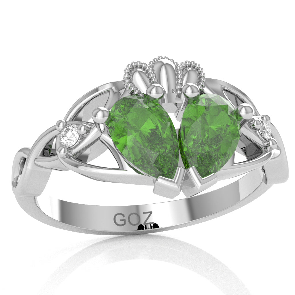 Peridot Diamond Celtic Knot Heart Claddagh Ring In 14k White Gold
