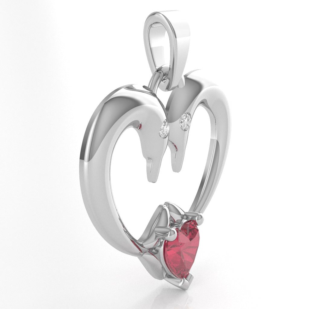 Pink Tourmaline Diamond 2 Dolphins Heart Love Pendant In 14k White Gold