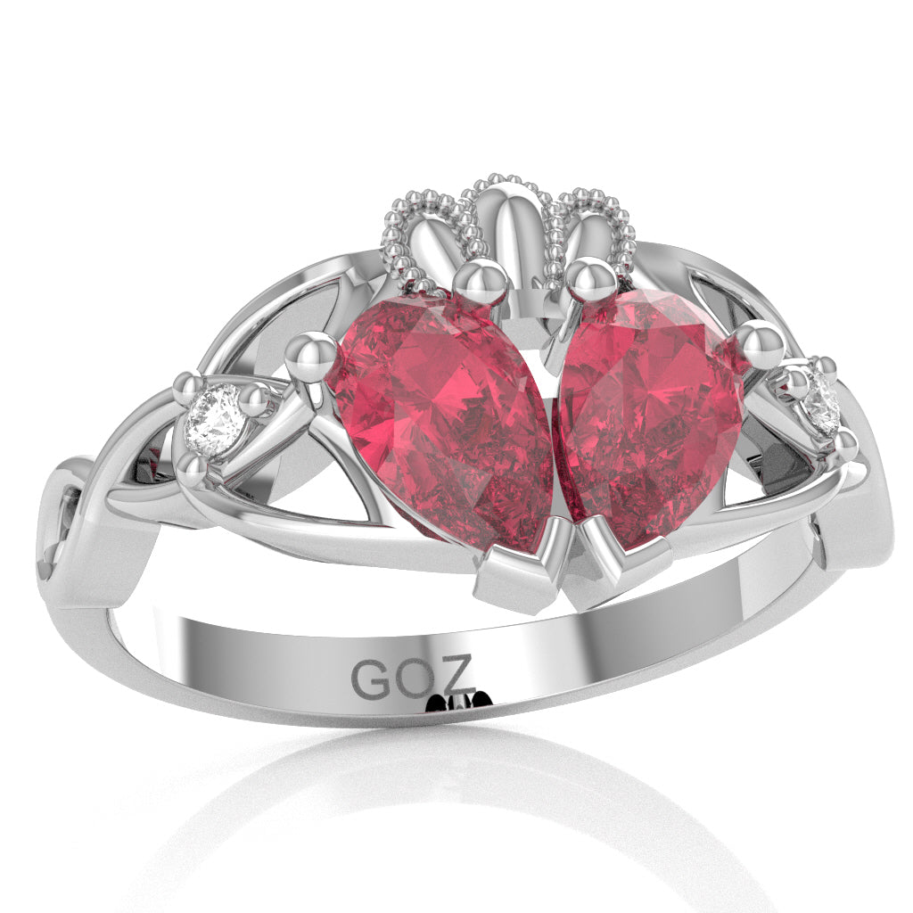 Pink Tourmaline Diamond Celtic Knot Heart Claddagh Ring In 14k White Gold