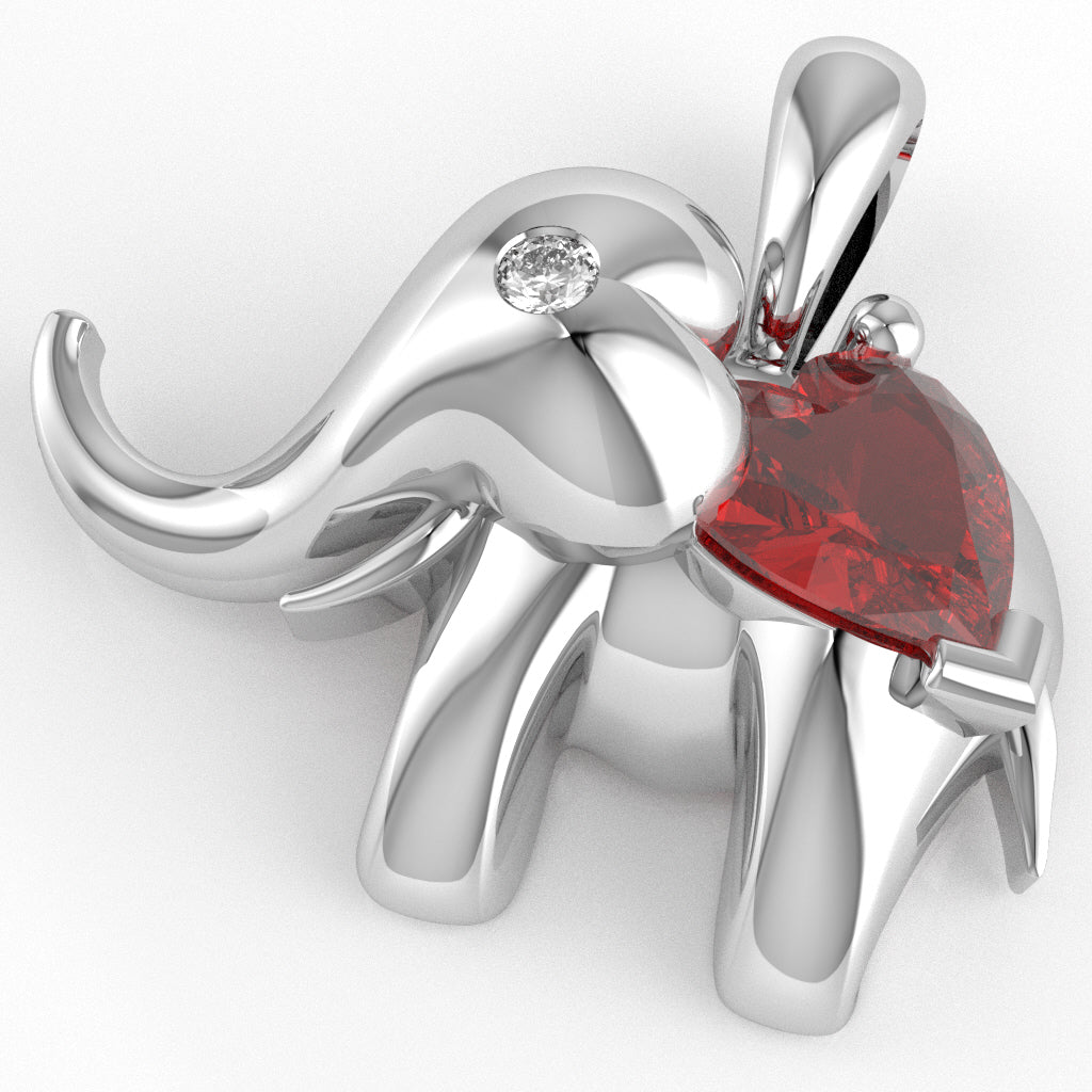 Ruby Diamond Elephant Heart Birthstone Pendant In 14k White Gold