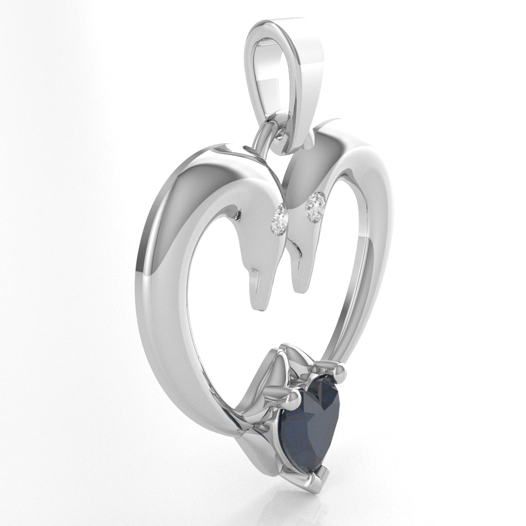 Lab-Created Sapphire Diamond 2 Dolphins Heart Love Pendant In 14k White Gold