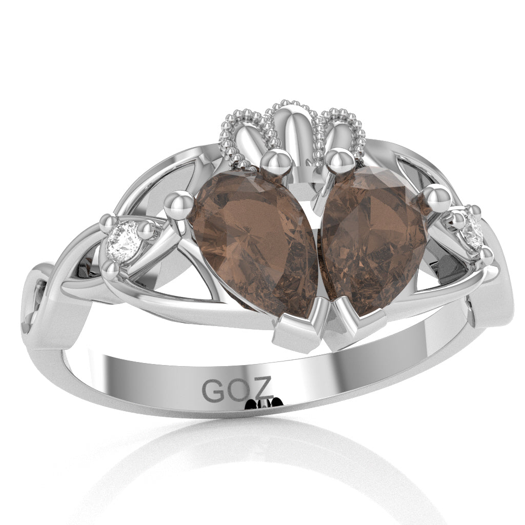 Smoky Quartz Diamond Celtic Knot Heart Claddagh Ring In 10k White Gold